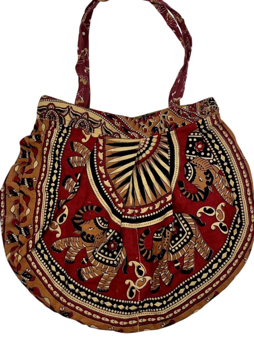 Handmade Indian Boho Elephant Pleated Hand bag Tote Red Orange Zipper Closure